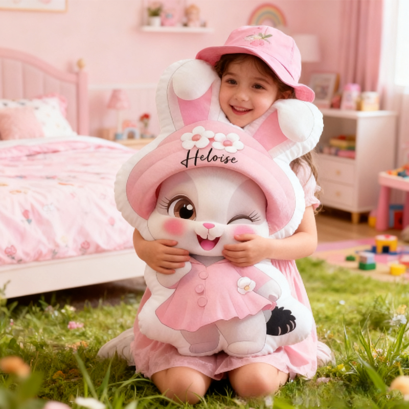 Personalized Cute Pink Rabbit with Name Graphic 3D Print Pillow Christmas Gift for Kids or Baby Birthday Gift