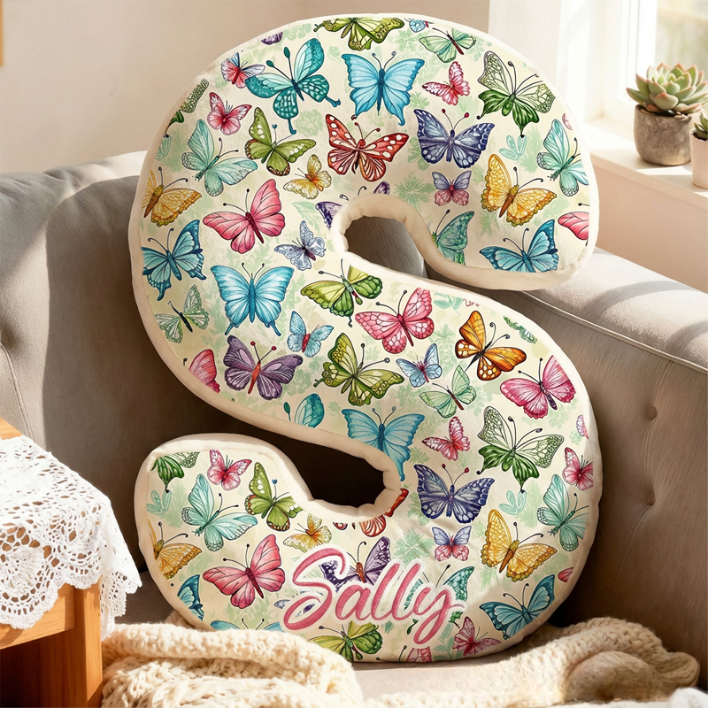 Personalized Butterfly-Patterned Letter with Name Graphic 3D Print Pillow Christmas Gift for Kids or Baby Birthday Gift