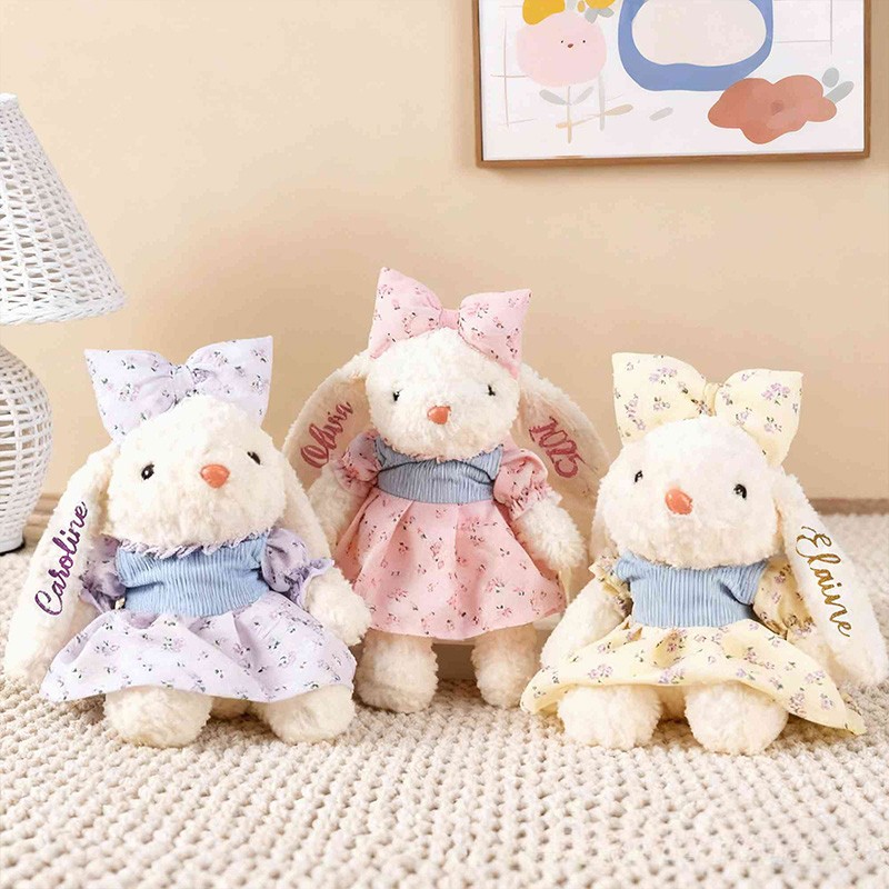 Personalized Cute Bunny Theme Custom Name Adorable Rabbit with Bow and Floral Dress Bunny Doll Toy