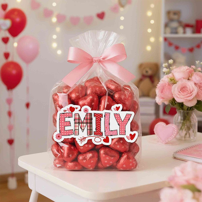Personalized Valentine Theme Custom Name Cute Red Heart Love Pattern Gift Bag Stickers