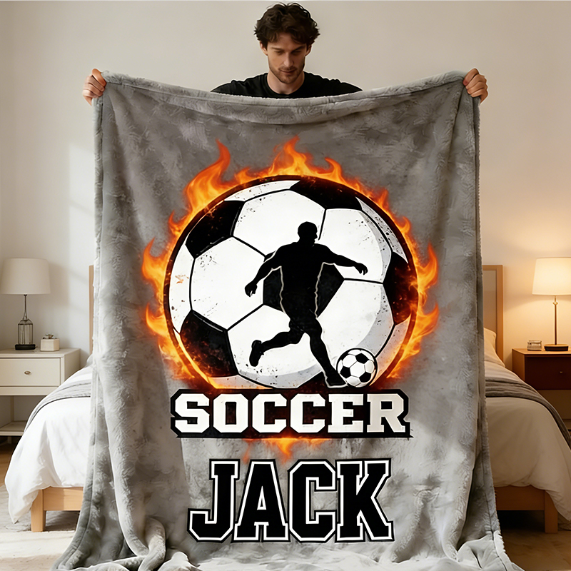 Personalized Soccer Blanket with Custom Name and Fiery Design for Soccer Enthusiasts