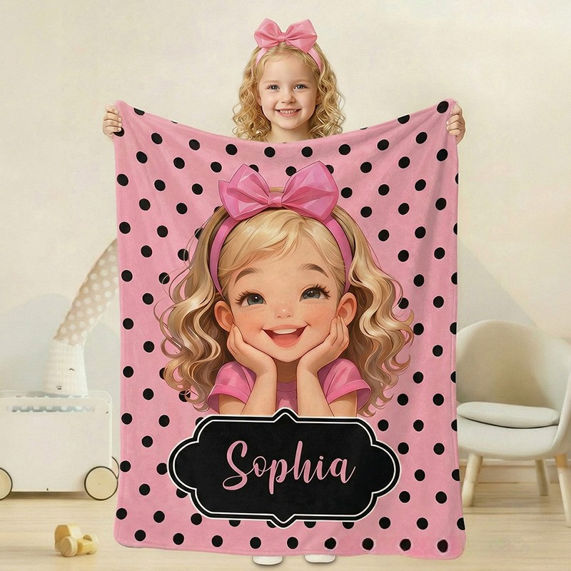 Personalized Girl Theme Custom Name Cute Pink Polka Dot Cartoon Character Style Soft Blanket