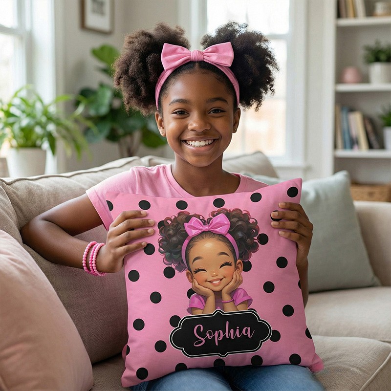 Personalized Girl Theme Custom Name Cute Pink Polka Dot Cartoon Charac