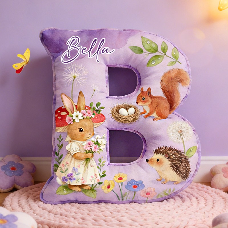 Personalized Woodland Animal Theme Custom Name Cute Bunny Hedgehog and Squirrel Pattern 3D Print Pillow