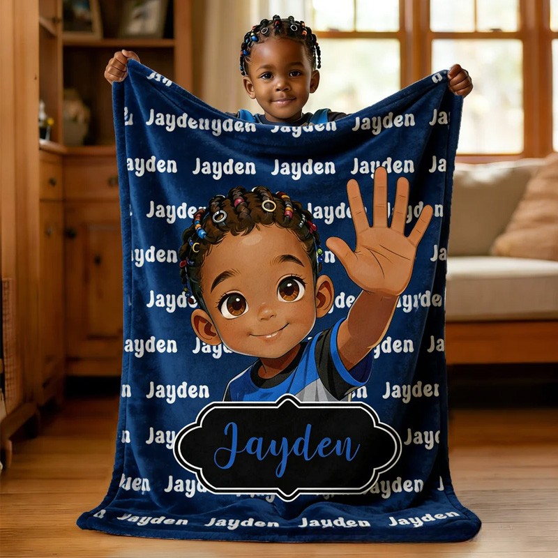 Personalized Cute Cartoon Little Black Boy Soft Throw Blanket with Name Home Decor Birthday Anniversary Gift for Boys