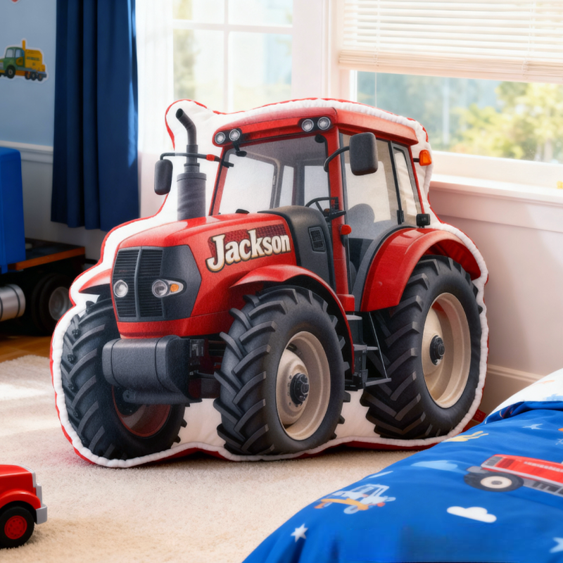 Personalized Red Tractors with Name Graphic 3D Print Pillow Christmas Gift for Kids or Baby Birthday Gift