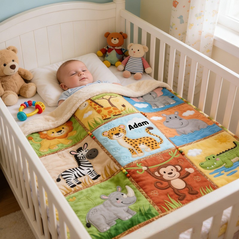 Personalized Jungle Animal Theme Custom Name Cute Safari Lion Giraffe Elephant Monkey Blanket