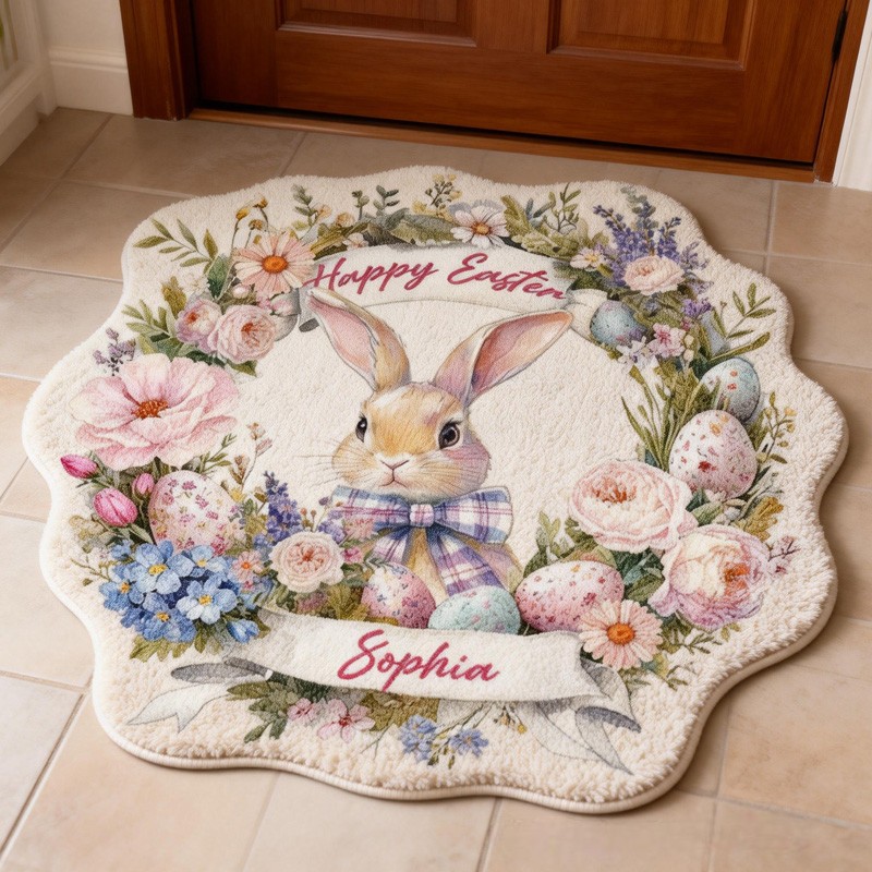 Personalized Bunny Theme Custom Name Cute Easter Rabbit with Floral Wreath Pastel Carpet Rug for Kids