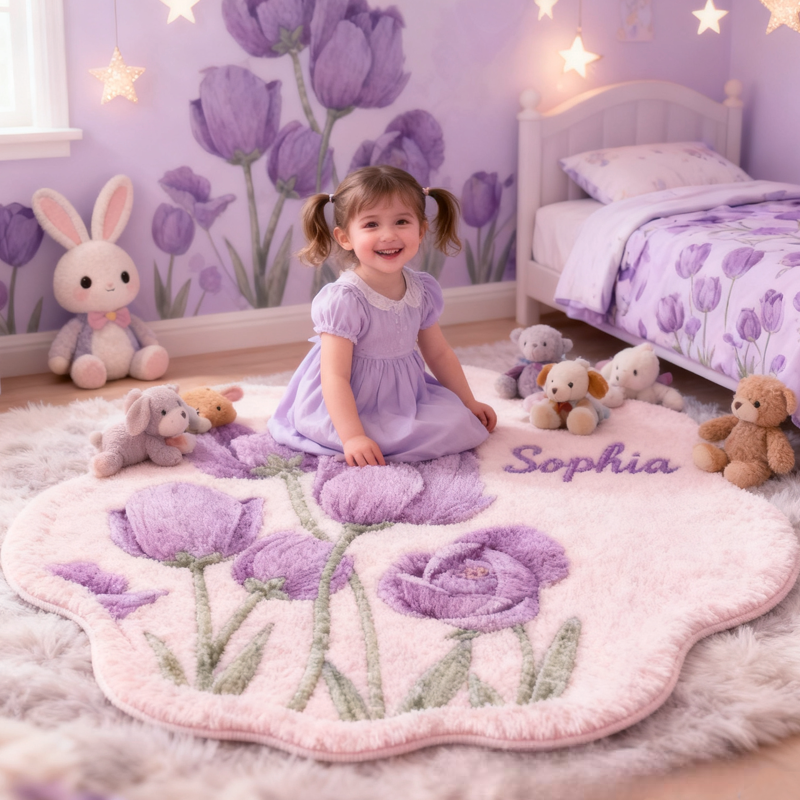 Personalized Purple Tulips with Name Soft Rug Christmas Gift for Kids Rug Birthday Gifts for Kid