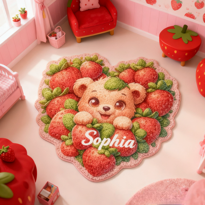 Personalized Strawberry Bear with Name Soft Rug Christmas Gift for Kids Rug Birthday Gifts for Kid