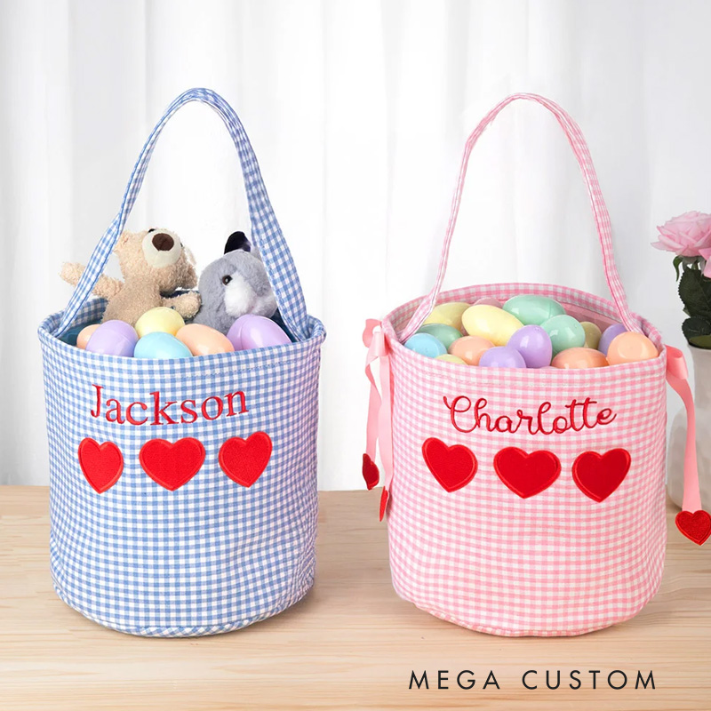Personalized Gingham Heart Bucket Bag with Embroidered Name Birthday Valentine's Day School Exchange Gift for Kids