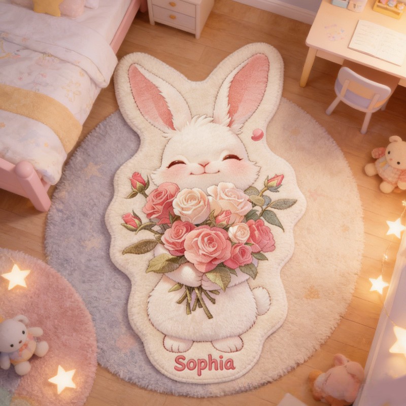 Personalized Rabbit Theme Custom Name Adorable Bunny with Floral Bouquet Cozy Carpet Rug for Kids