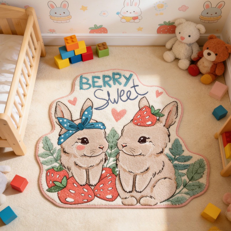 Personalized Bunny Theme Custom Name Cute Rabbits with Strawberries Sweet Pastel Carpet Rug for Kids