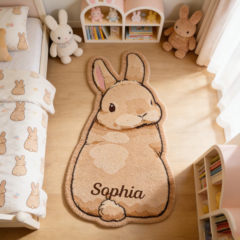 Personalized Cute Bunny Theme Custom Name Fluffy Animal Shape Warm Nursery Carpet Rug for Kids