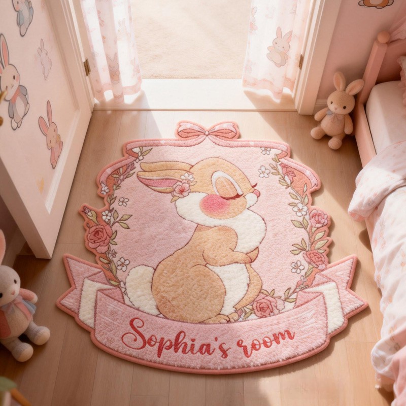 Personalized Bunny Theme Custom Name Cute Pink Bow Floral Wreath Soft Pastel Carpet Rug for Kids