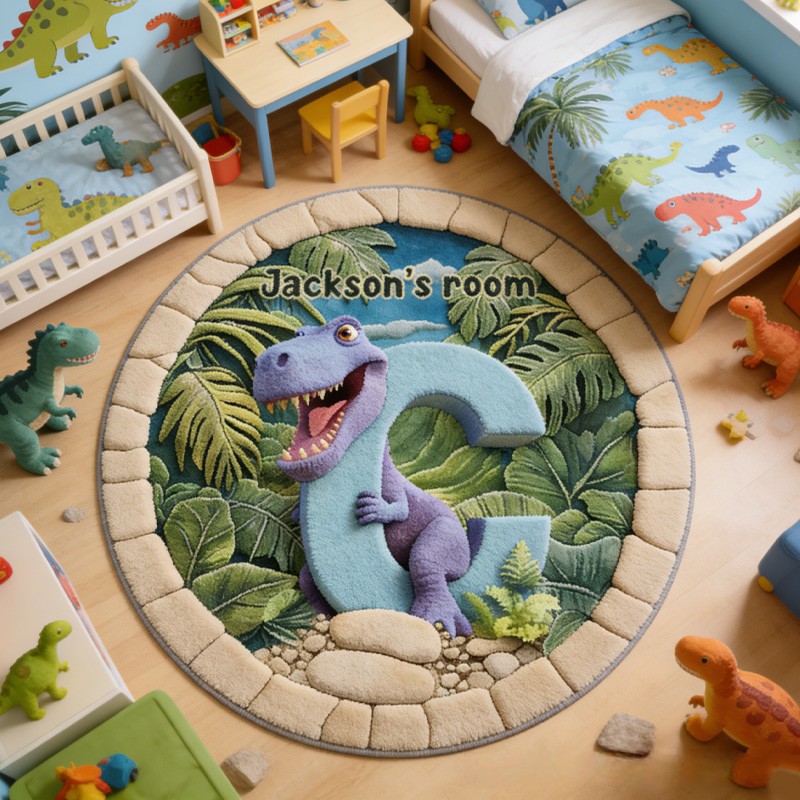 Personalized Dinosaur Theme Custom Name Jungle Adventure Green T Rex Playtime Carpet Rug for Kids