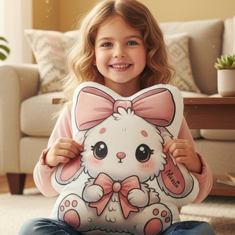 Personalized Bunny Theme Custom Name Cute Pink Bow Adorable Fluffy Rabbit Style 3D Print Pillow
