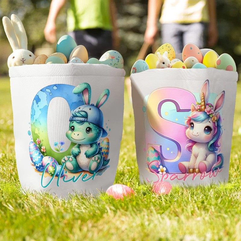 Personalized Cute Fantasy Rainbow Horse Dinosaur Canvas Easter Basket with Initial and Name Party Favor Eggs Hunting Easter Gift for Kids