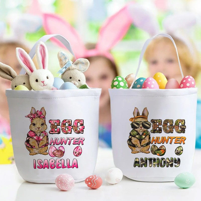 Personalized Cute Bunny Egg Hunter Camouflage Carrot Reusable Canvas Easter Basket with Name Birthday Easter Gift for Kids