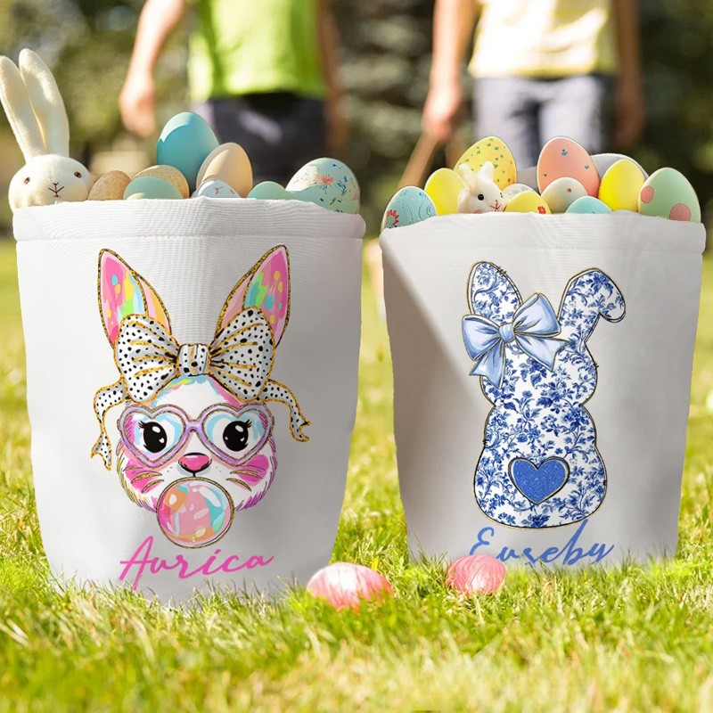 Personalized Cute Bow Bunny Canvas Easter Basket with Name Easter Eggs Hunting Party Favor Gift for Boys Girls