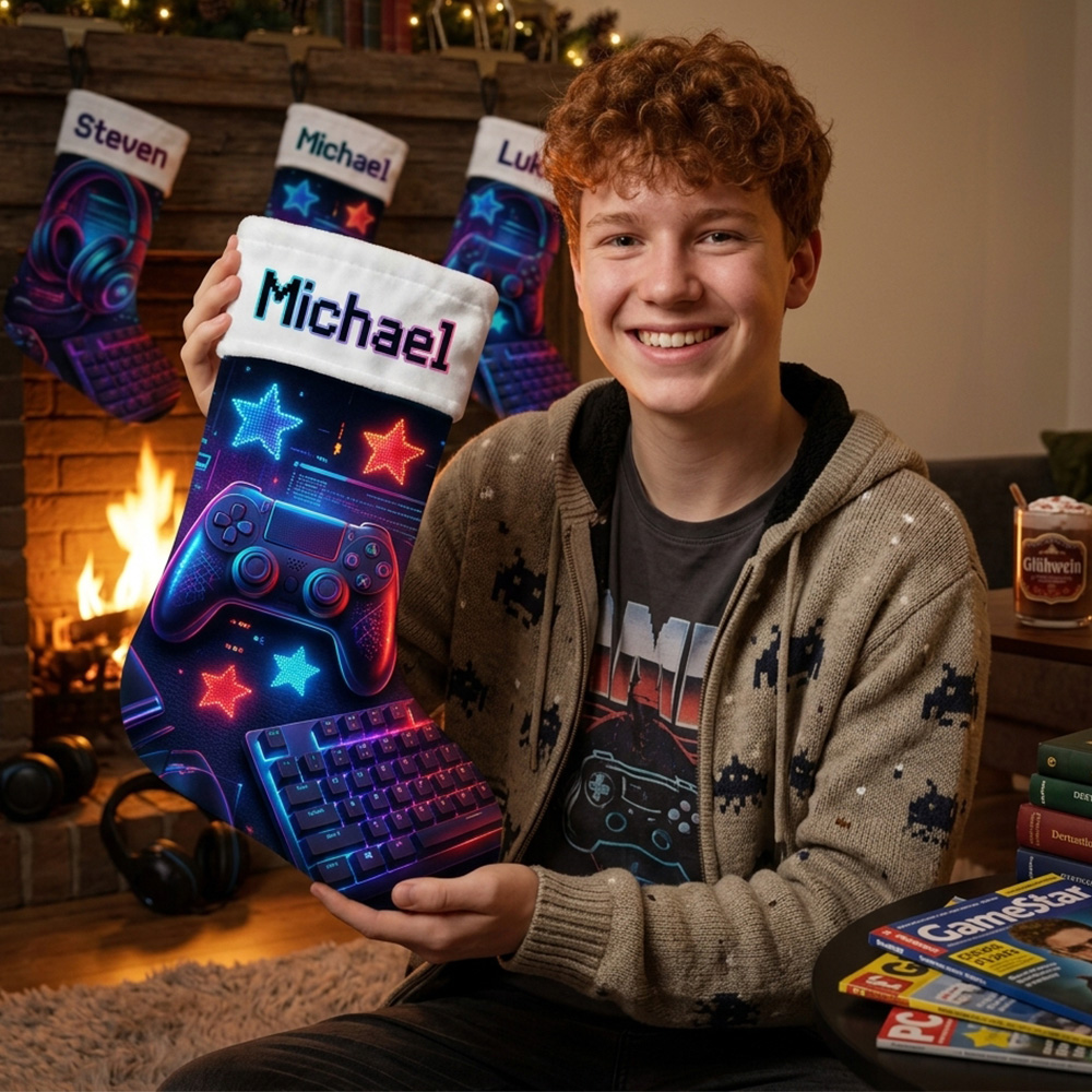 Personalized Gamer Christmas Stocking Custom Name Gaming Keyboard Headset Neon Lights Gift For Video Game Lover Holiday Fireplace Mantel Decoration