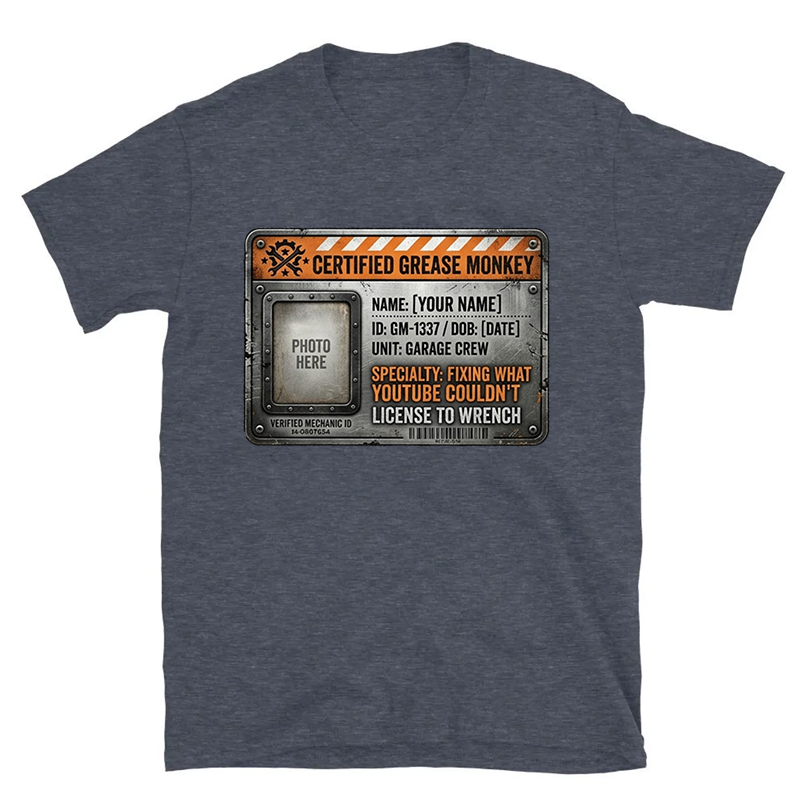 Personalized Certified Grease Monkey Mechanic Tee, Funny Garage Gift for Car Guys Dad