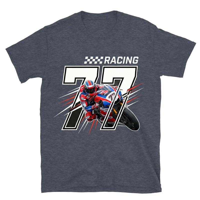 Personalized Number 77 Racing Motorcycle Rider Checkered Flag Graphic Unisex Black Cotton T-Shirt