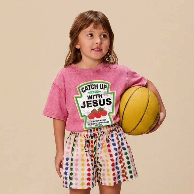 Personalized Catch Up With Jesus Scripture Tomato Blessed From My Head To Ma Toes Christian Faith Graphic Kid Washed T Shirt