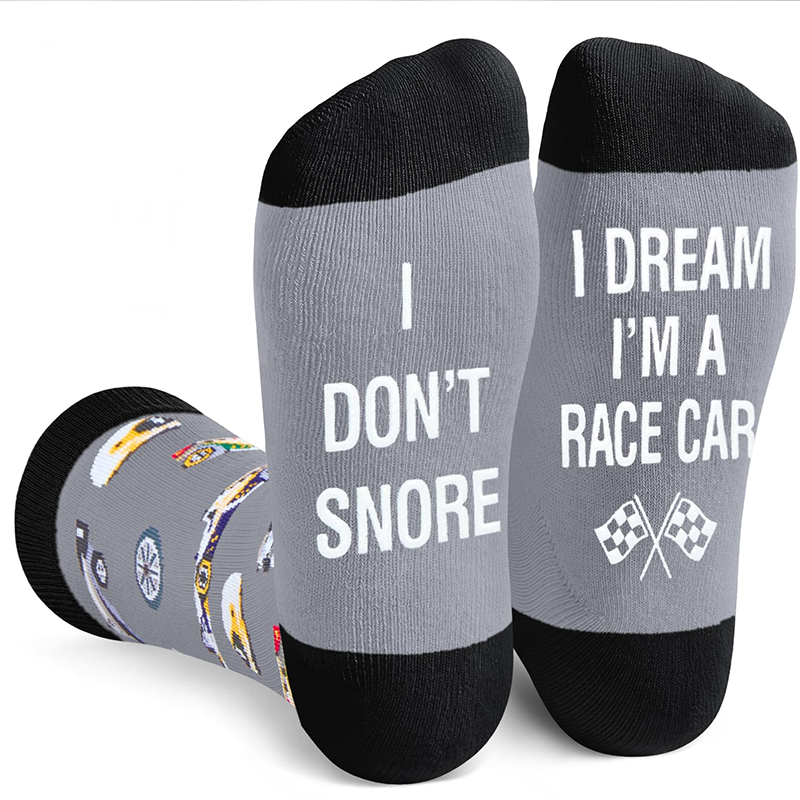 I Don't Snore I Dream I'm A Race Car Funny Checkered Flag Novelty Crew Socks Gift For Racing Car Lovers Motorsport Fans