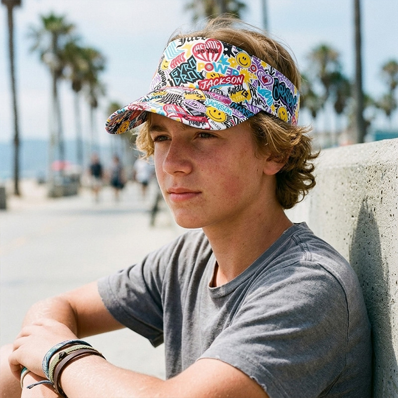 Personalized Graffiti Street Style Visor Hat Custom Name Teen Boys Sun Cap Colorful Comic Art Summer Outdoor Sports Accessory