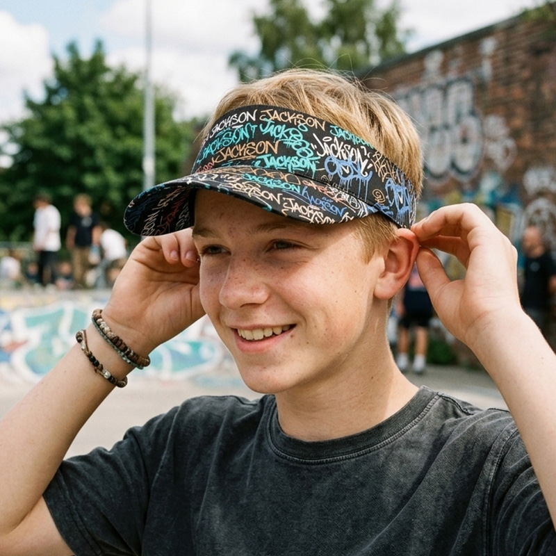 Personalized Neon Graffiti Visor Hat Custom Name Teen Boys Sun Cap Colorful Street Art Pattern Summer Outdoor Sports Accessory