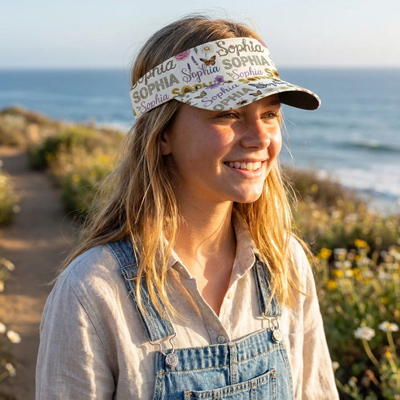 Personalized Flower Script Visor Hat Custom Name Teen Girls Sun Cap Be