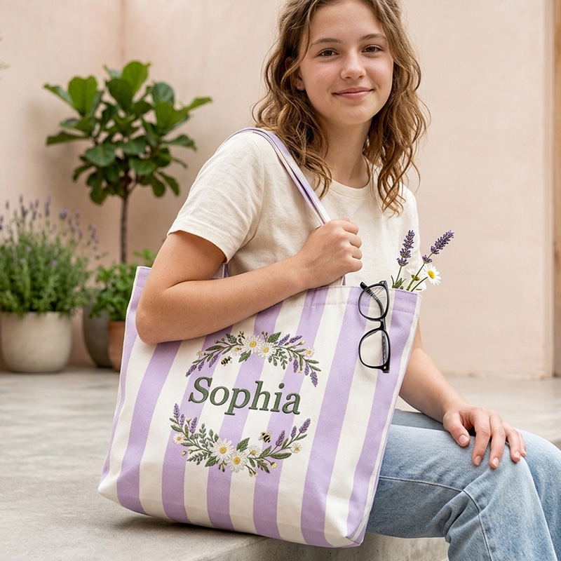 Personalized Embroidery Floral Wreath Themed Lavender Stripe Design Ca