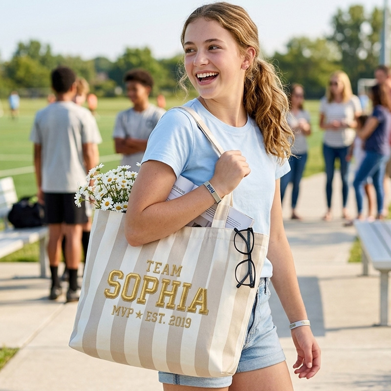 Personalized Embroidery Team Themed Neutral Stripe Design Canvas Tote