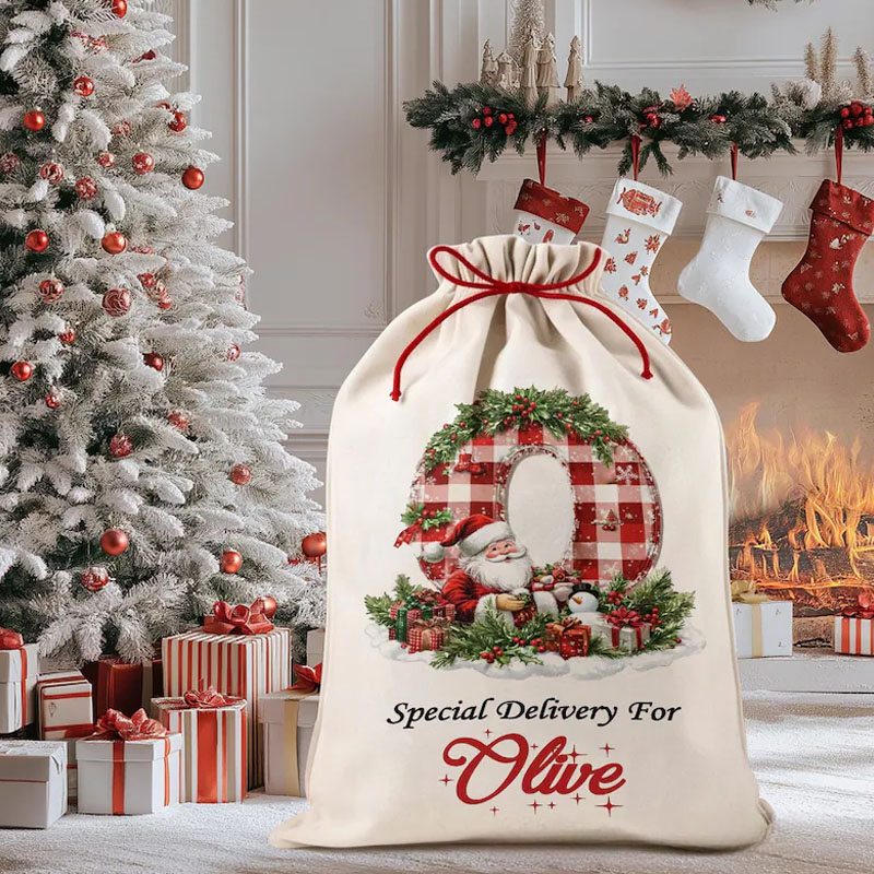 Personalized Plaid Initial Christmas Bag with Festive Snowman and Custom Name for Special Holiday Deliveries Christmas Bag