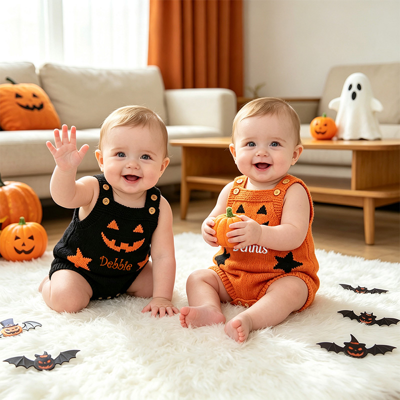 Personalized Baby Knitted suspenders Romper Halloween Pumpkin Jack O Lantern Outfit Custom Name Sleeveless Jumpsuit Costume