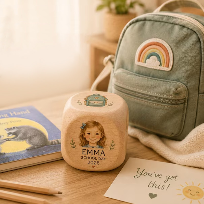Personalized School Day Cube Wooden Memory Dice Custom Name Back To School Keepsake Gift For Kids