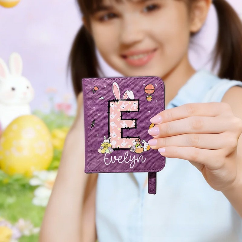 Personalized Easter Bunny Ears Initial PU Leather Wallet with Name Easter Gift for Girls