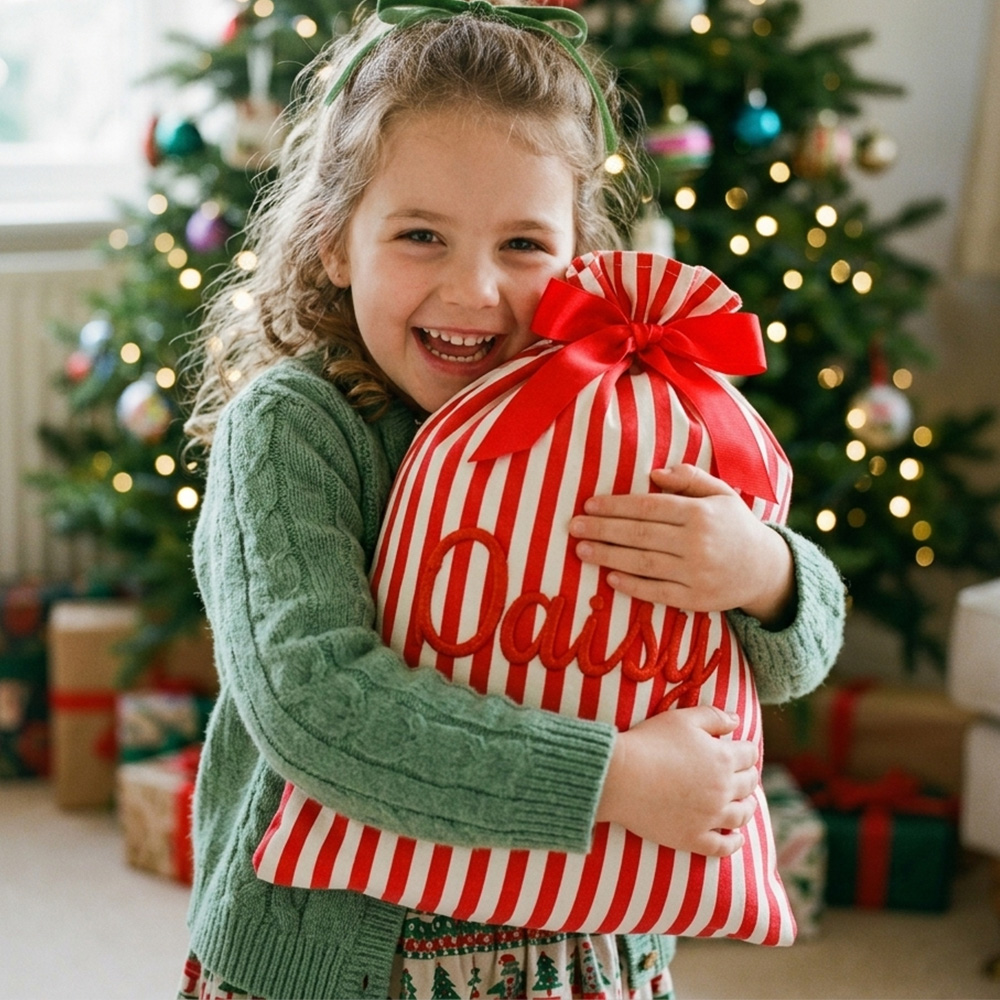 Personalized Striped Christmas Gift Sack Large Name Santa Bag With Gingerbread And Bow Holiday Present Storage For Kids