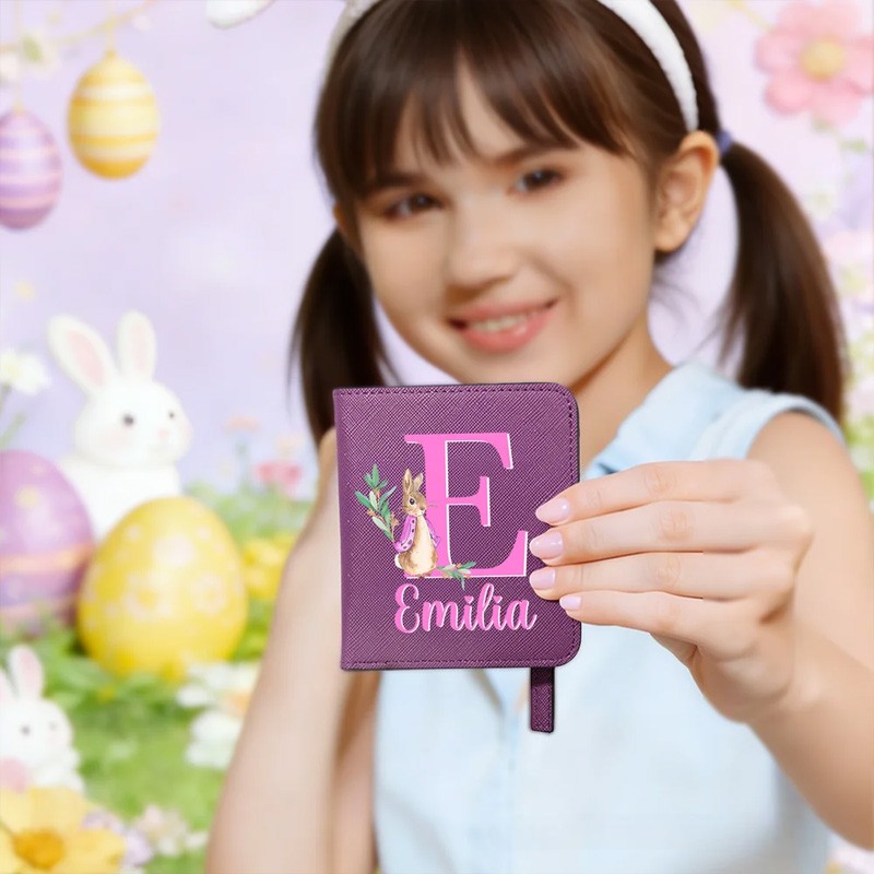 Personalized Cute Rabbit Initial PU Leather Bifold Pocket Wallet with Multiple Card Slots with Name Easter Gift for Girls