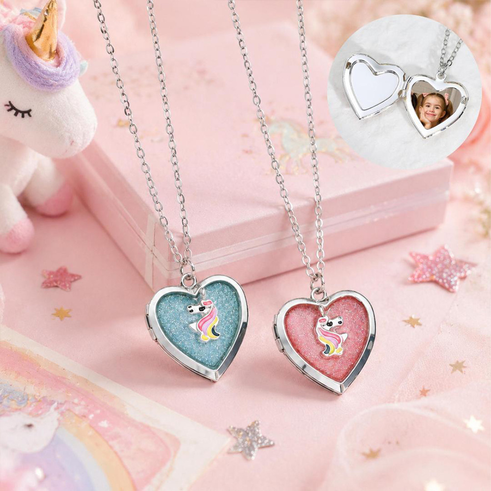 Personalized Rainbow Horse Heart Locket Necklace Cute Magic Themed Jewelry For Girls Keepsake Photo Pendant Gift Fairy Design