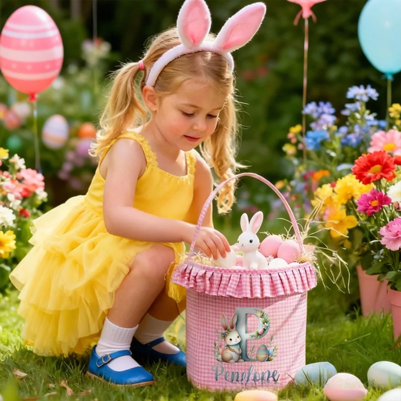 Personalized Cute Bunny Gradient Color Initial Plaid Easter Basket with Name and Ruffles Eggs Hunting Party Easter Gift for Kids