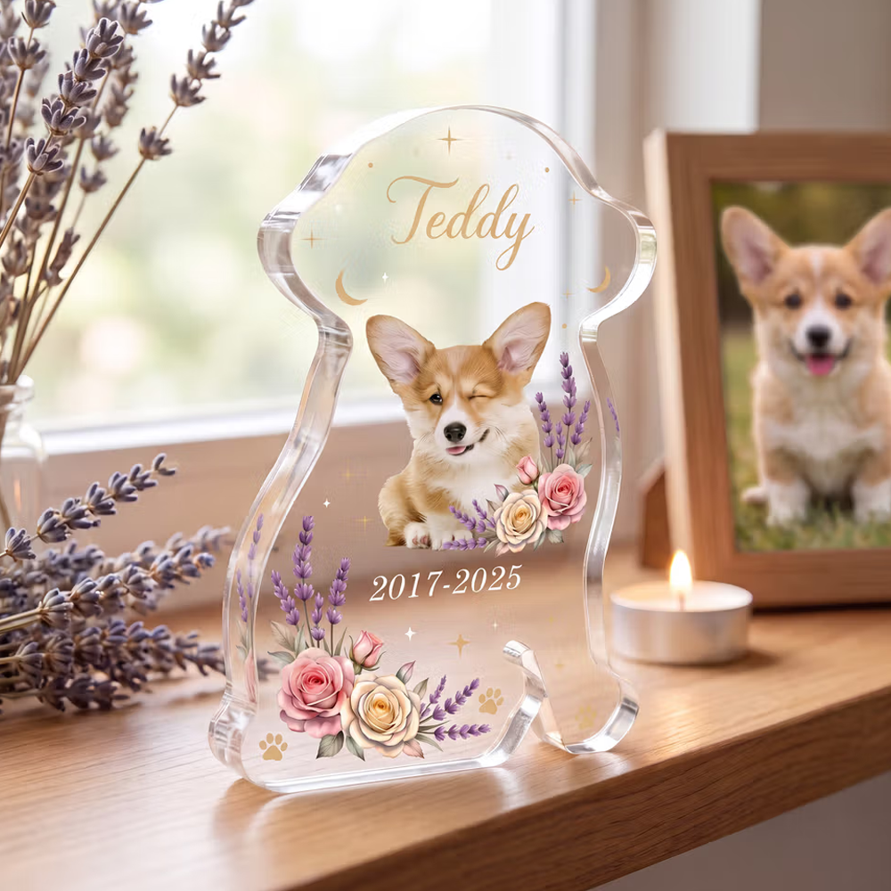 Personalized Flower Dog Portrait Star Dog Shaped Acrylic Ornament with Name and Year Home Decor Memorial Sympathy Pet Loss Gift for Pet Owner