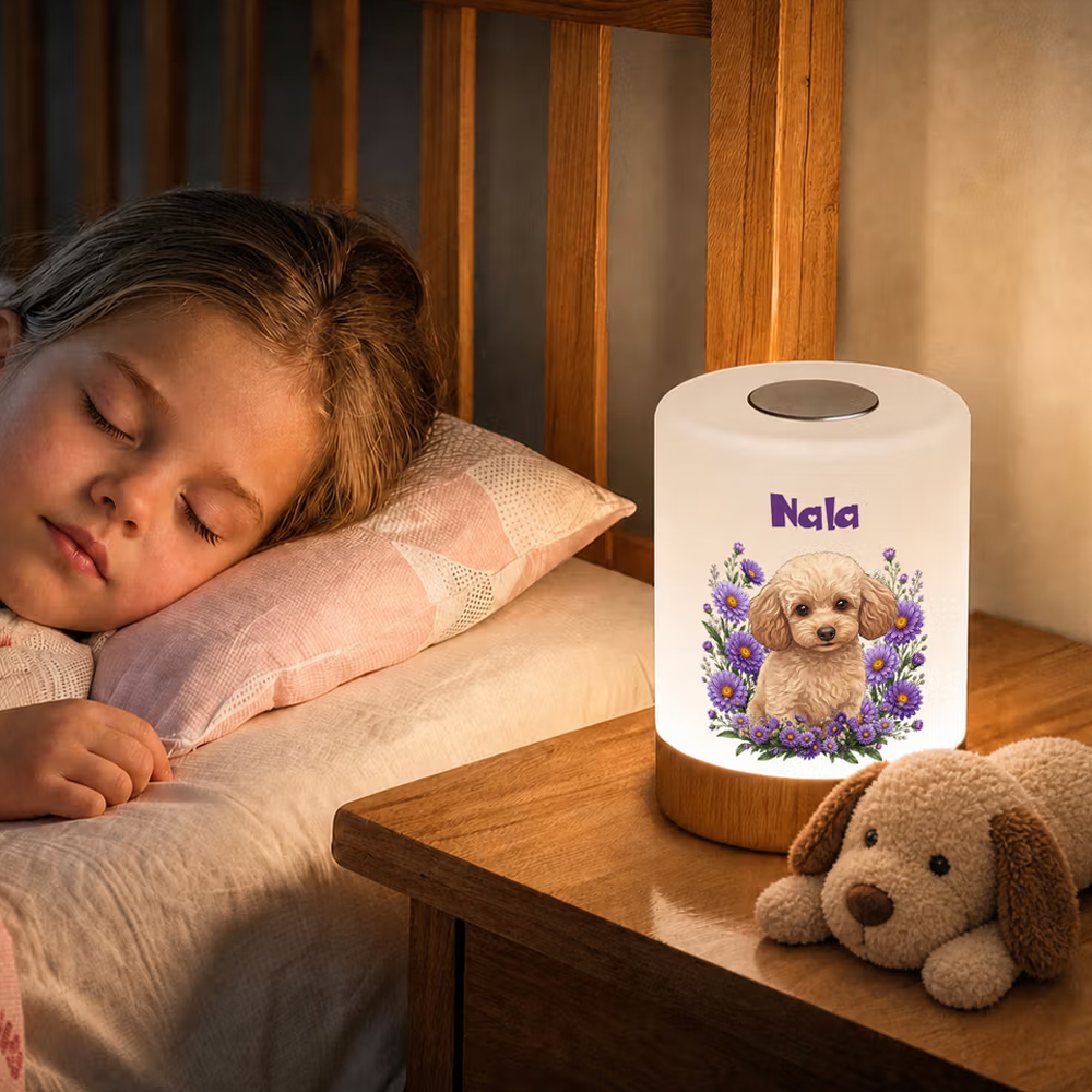 Personalized Birth Flower Pet Photo Dimmable Touch Control Night Light with Name & Adjustable Color Bedroom Decor Birthday Gift for Pet Lovers Owners