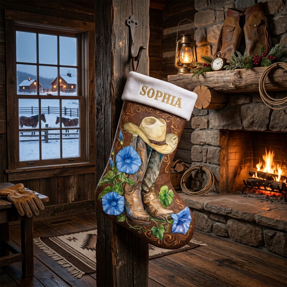 Personalized Cowgirl Boot Christmas Stocking Custom Name Birth Floral Holiday Stocking Rustic Country Farmhouse Decor For Women Girls Xmas Gift