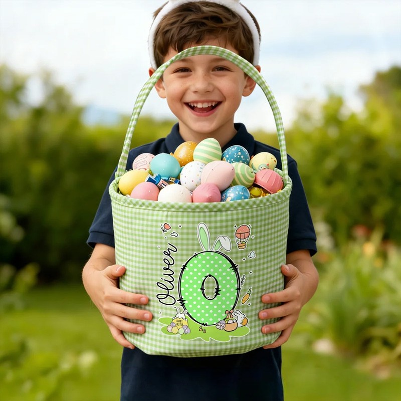 Personalized Cute Bunny Initial Flower Plaid Easter Basket with Name Easter Egg Hunt Easter Gift for Boys Girls