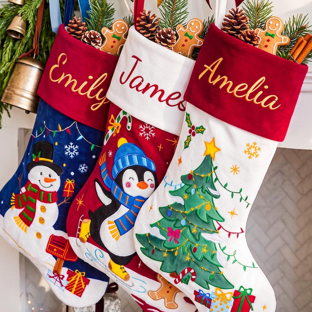 Personalized Christmas Stockings Custom Name Snowman And Penguin Holiday Stockings For Family Kids Fireplace Mantel Decor Xmas Gift Set