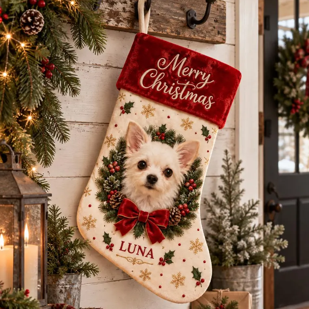 Personalized Dog Photo Christmas Stocking Custom Pet Name Merry Christmas Stocking For Dogs Puppy Lovers Fireplace Mantel Holiday Decor Xmas Gift
