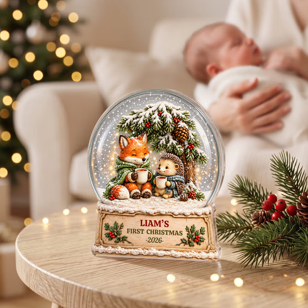 Personalized Artwork Fox Hedgehog Crystal Ball Clear Acrylic Plaque with Name and Year Home Decor Baby's 1st Christmas Gift for New Baby
