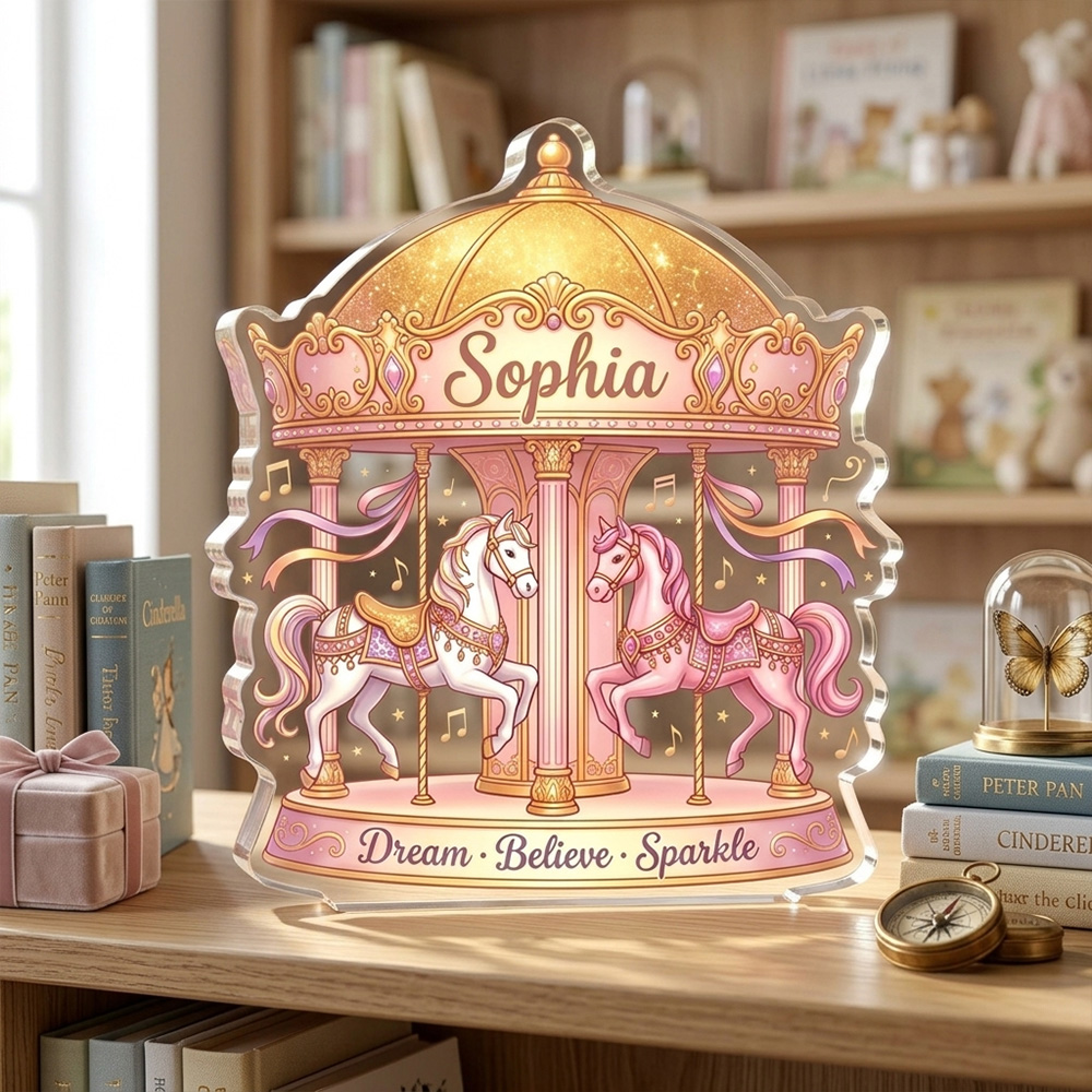 Personalized Carousel Acrylic Plaque Custom Name Dream Believe Sparkle Merry Go Round Horse Gift For Girls Kids Bedroom Nursery Fairy Tale Decor